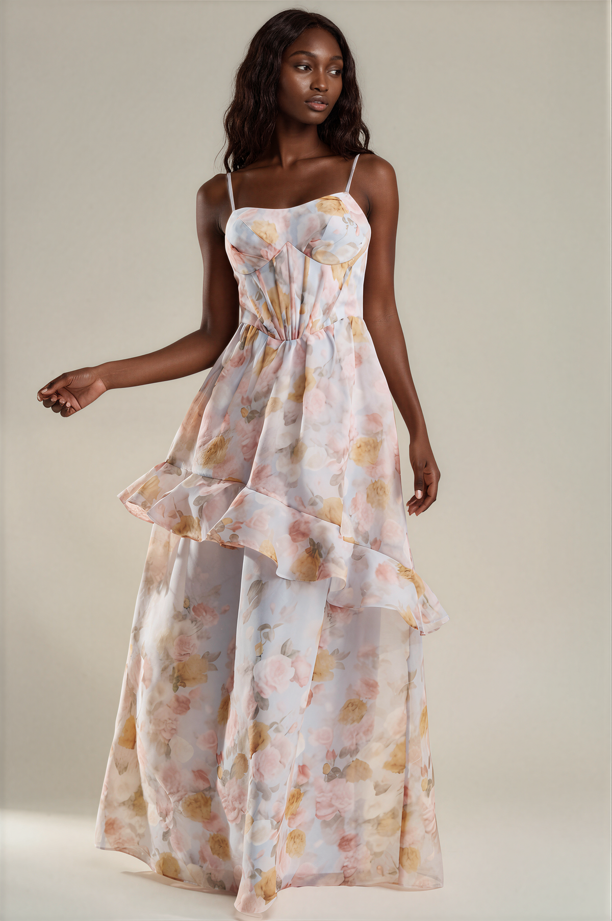 H3155 Floral Organza Maxi Dress With Ruffle