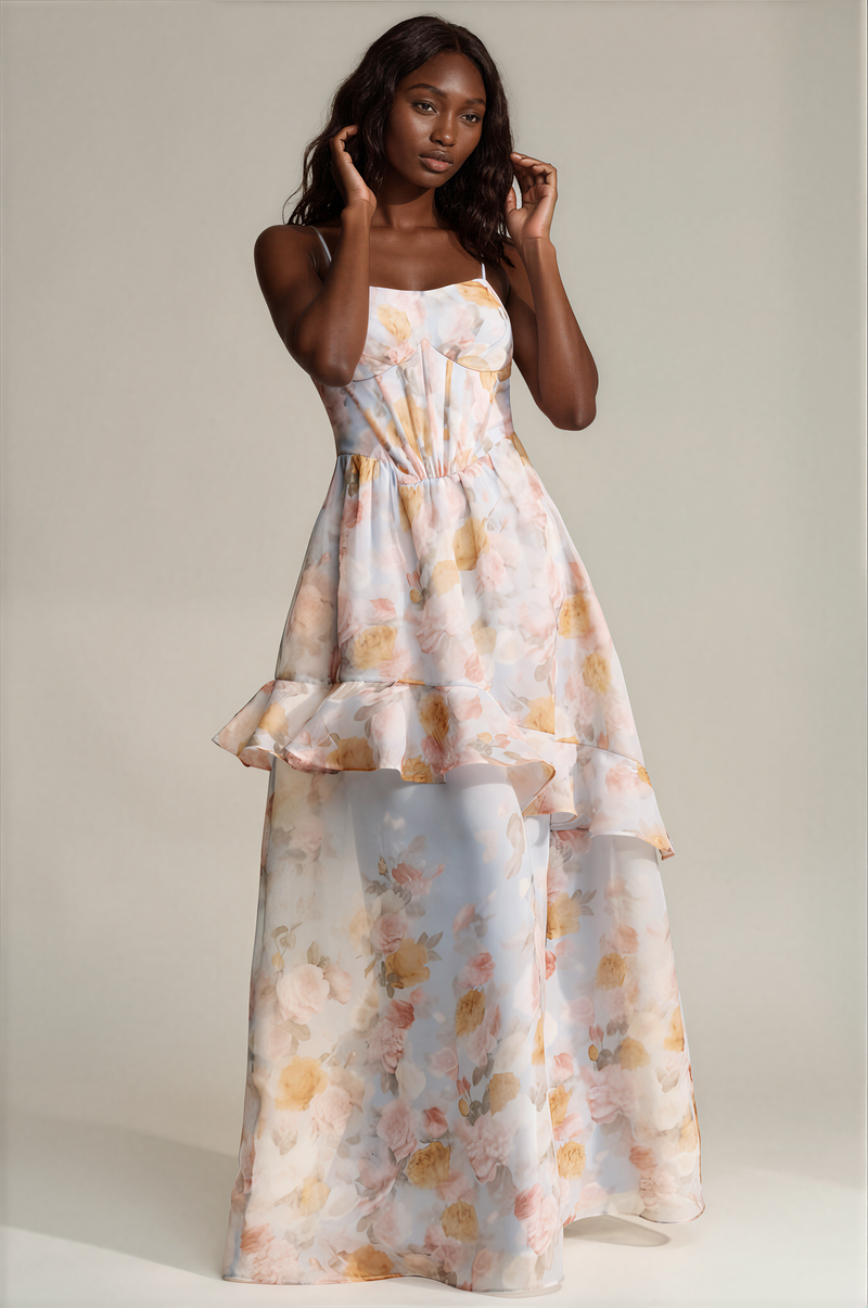 H3155 Floral Organza Maxi Dress With Ruffle