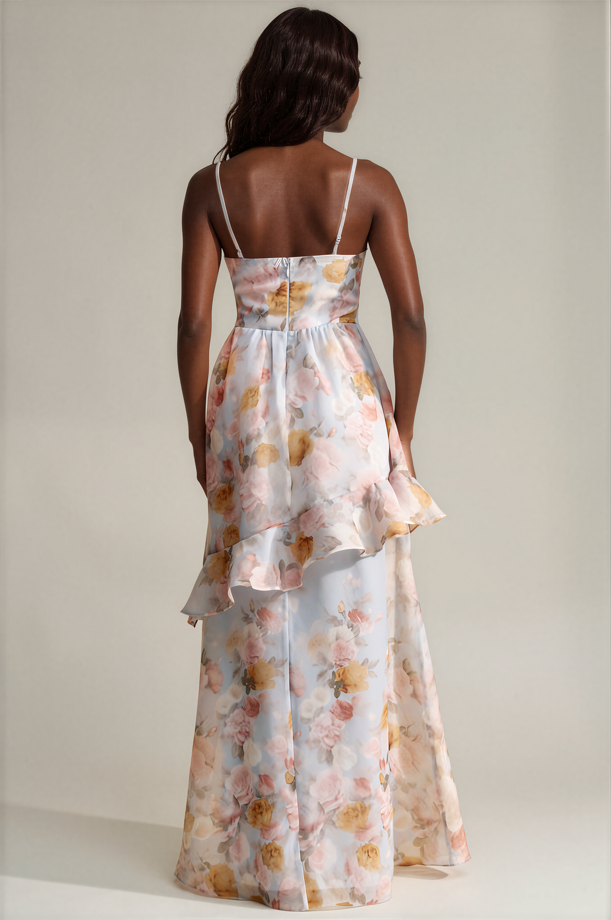 H3155 Floral Organza Maxi Dress With Ruffle