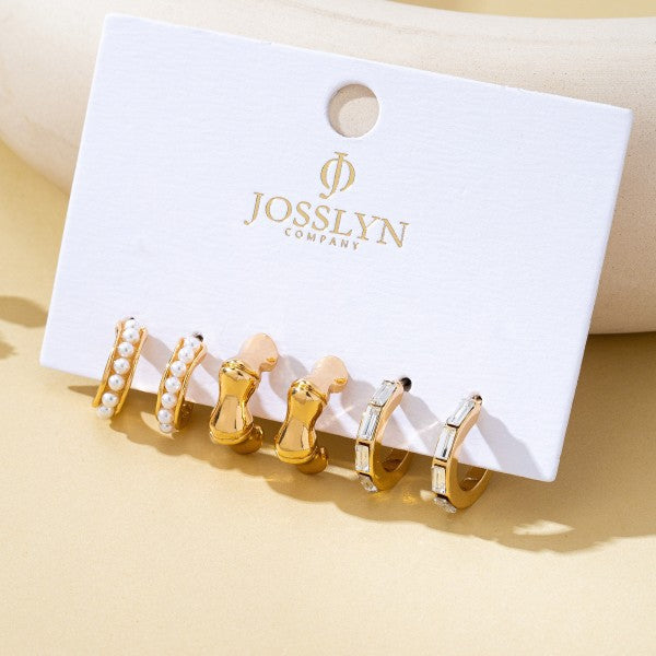 H3194 Pearl Rhinestone Multi Hoop Trio Earrings