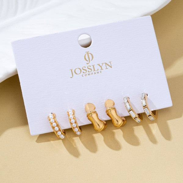 H3194 Pearl Rhinestone Multi Hoop Trio Earrings