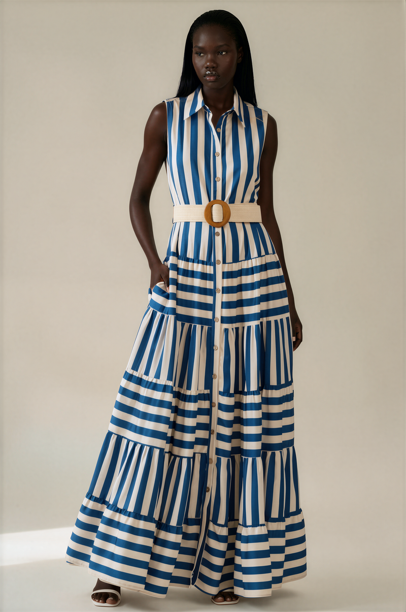 H3148 Blue Striped Maxi Dress