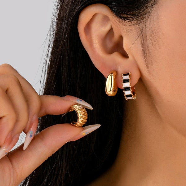 H3185 Checker Textured Huggie Hoop Trio Earrings