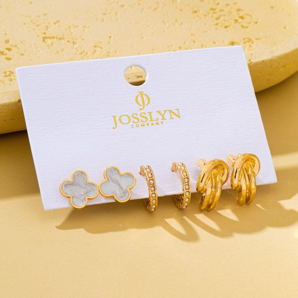 H3189 Gold-tone Clover Pearl Huggie Hoop Earring Trio Set
