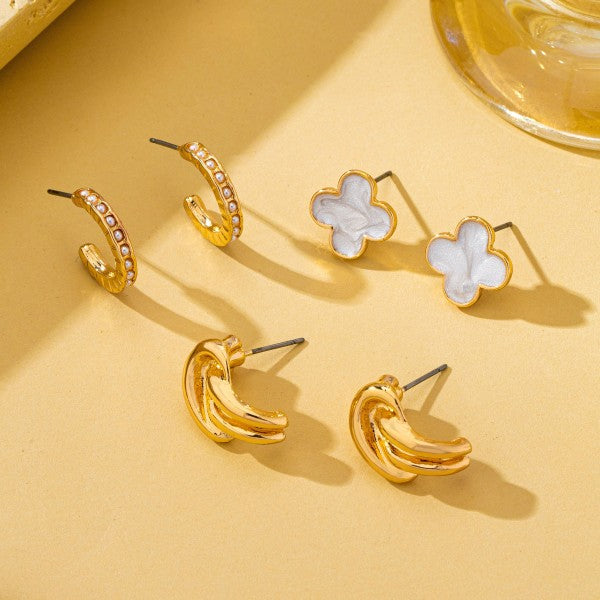 H3189 Gold-tone Clover Pearl Huggie Hoop Earring Trio Set