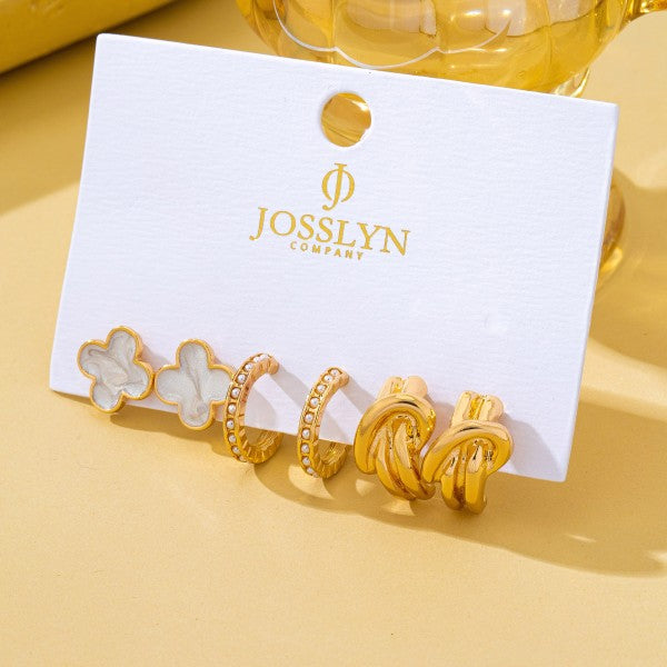 H3189 Gold-tone Clover Pearl Huggie Hoop Earring Trio Set