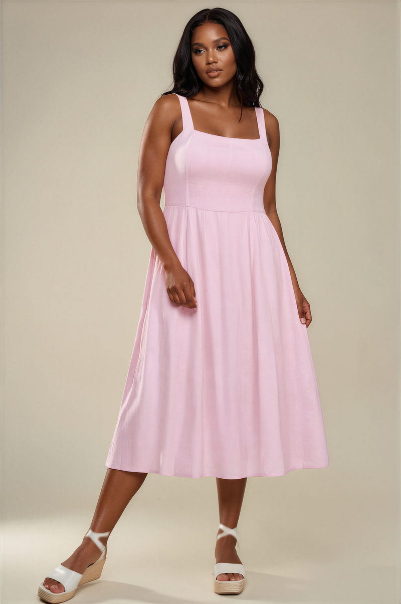 H3103 Pink Square Neck Midi Dress