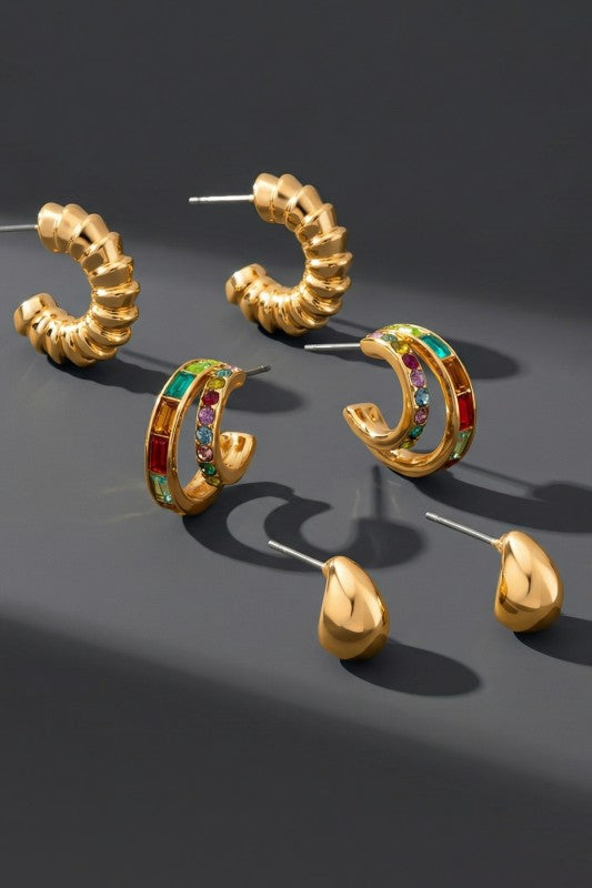 H3200 Trio Earrings Gemstone Teardrop Hoops