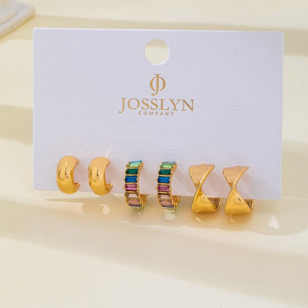 H3191 Baguette Twisted Hoop Trio Earring Set
