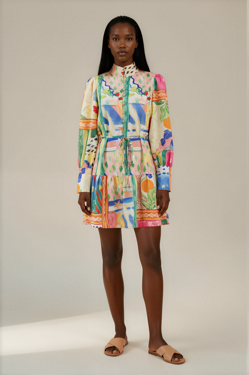 H3111 Multi Print Long Sleeve Mini Dress