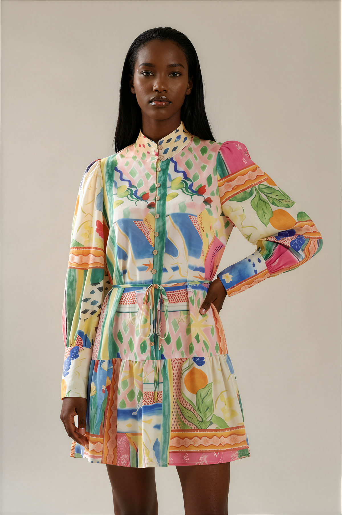 H3111 Multi Print Long Sleeve Mini Dress