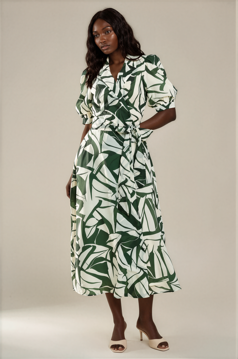 H3145 Ivory & Green Midi Wrap Dress