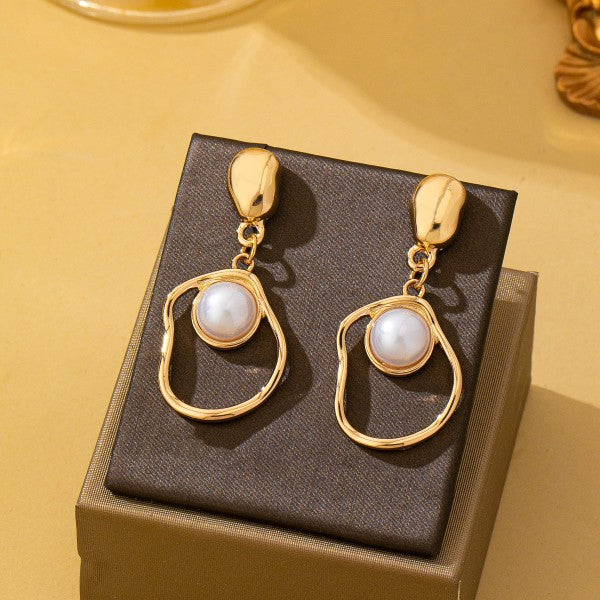 H3183 Abstract Molten Gold Pearl Drop Earrings