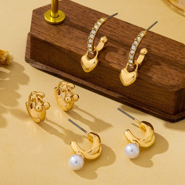 H3184 Cherry & Pearl Charm Trio Hoop Earring Set