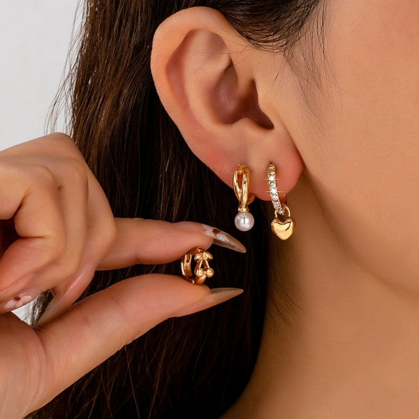 H3184 Cherry & Pearl Charm Trio Hoop Earring Set