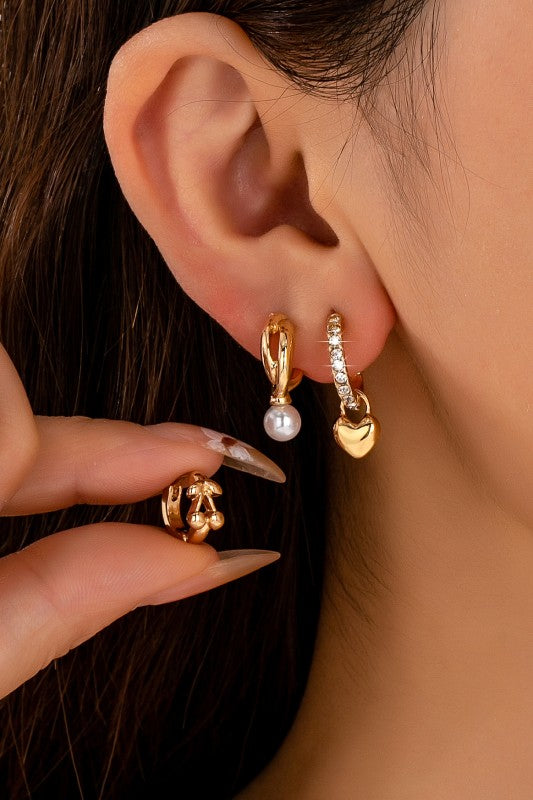 H3184 Cherry & Pearl Charm Trio Hoop Earring Set
