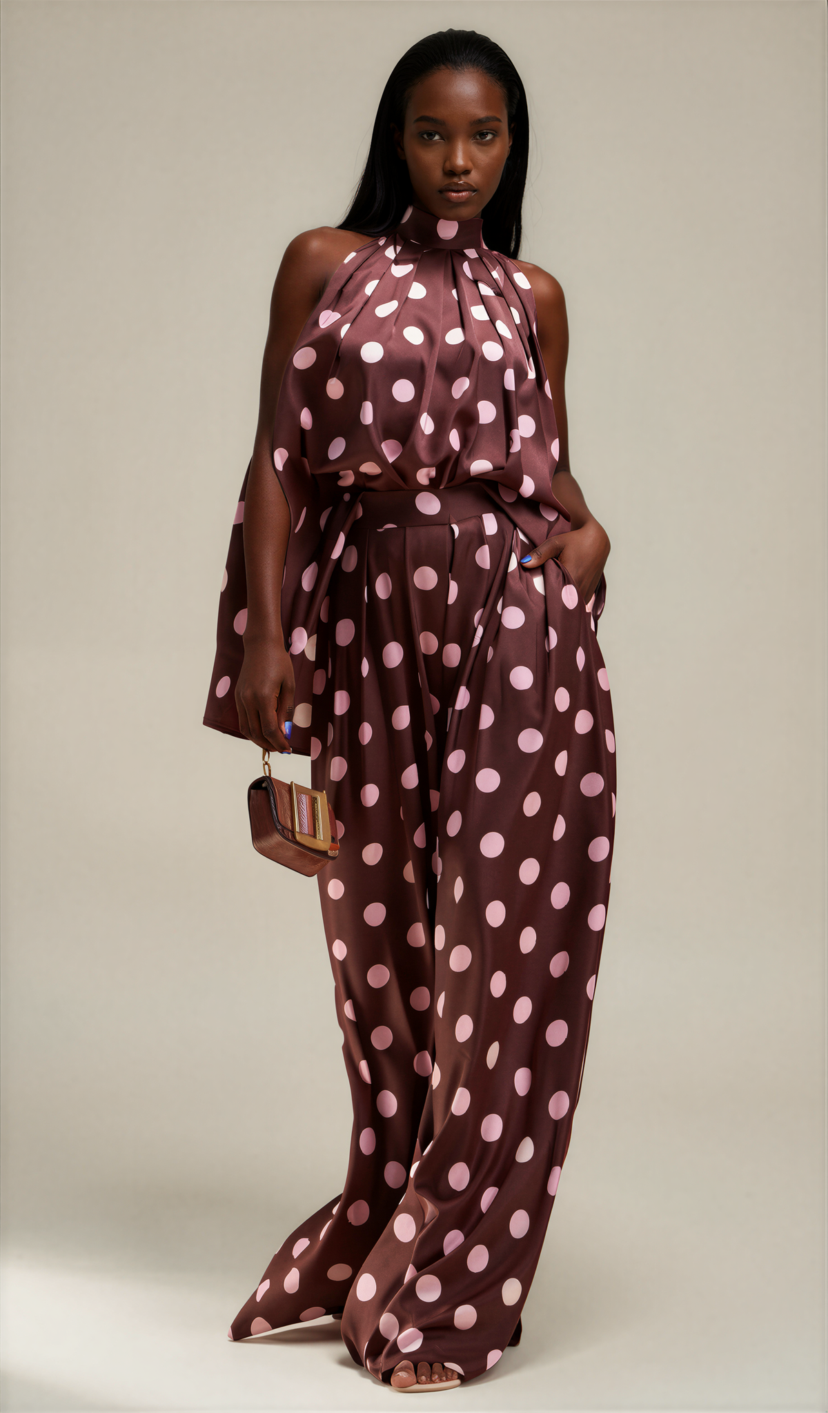 H3120 Chocolate Polka Dot Loose Fit Satin Top