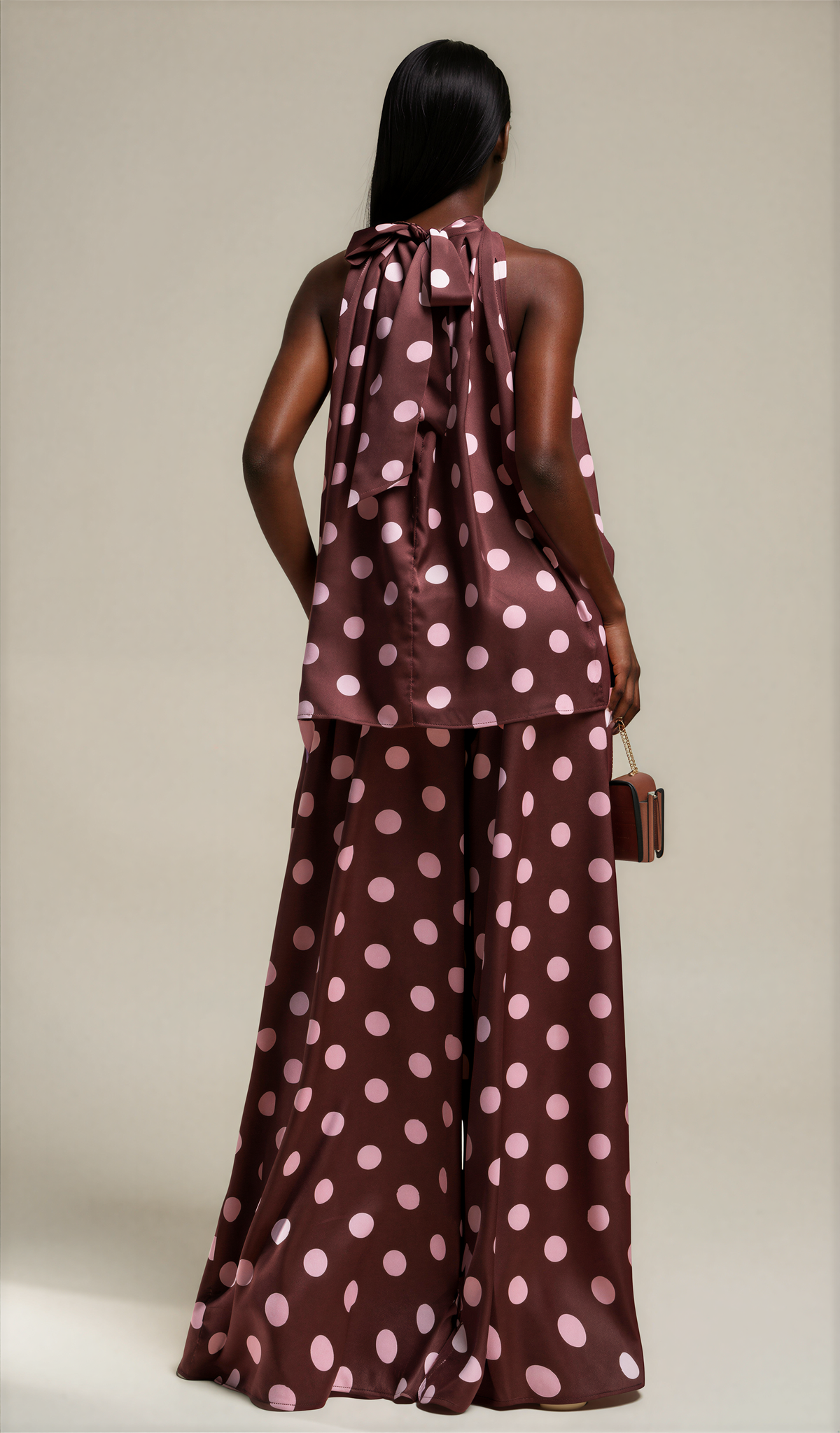 H3121 Chocolate Polka Dot Loose Fit Satin Trouser