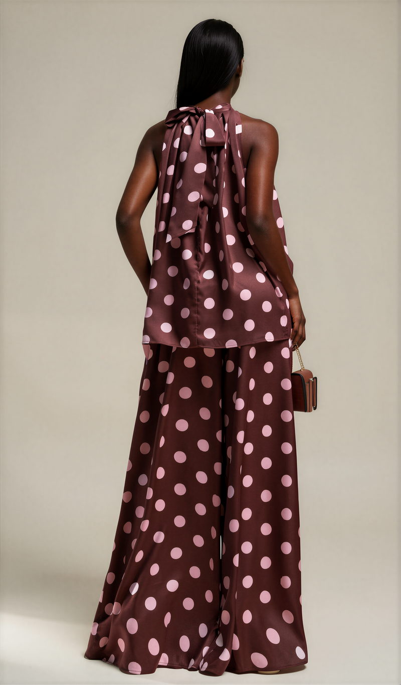 H3121 Chocolate Polka Dot Loose Fit Satin Trouser