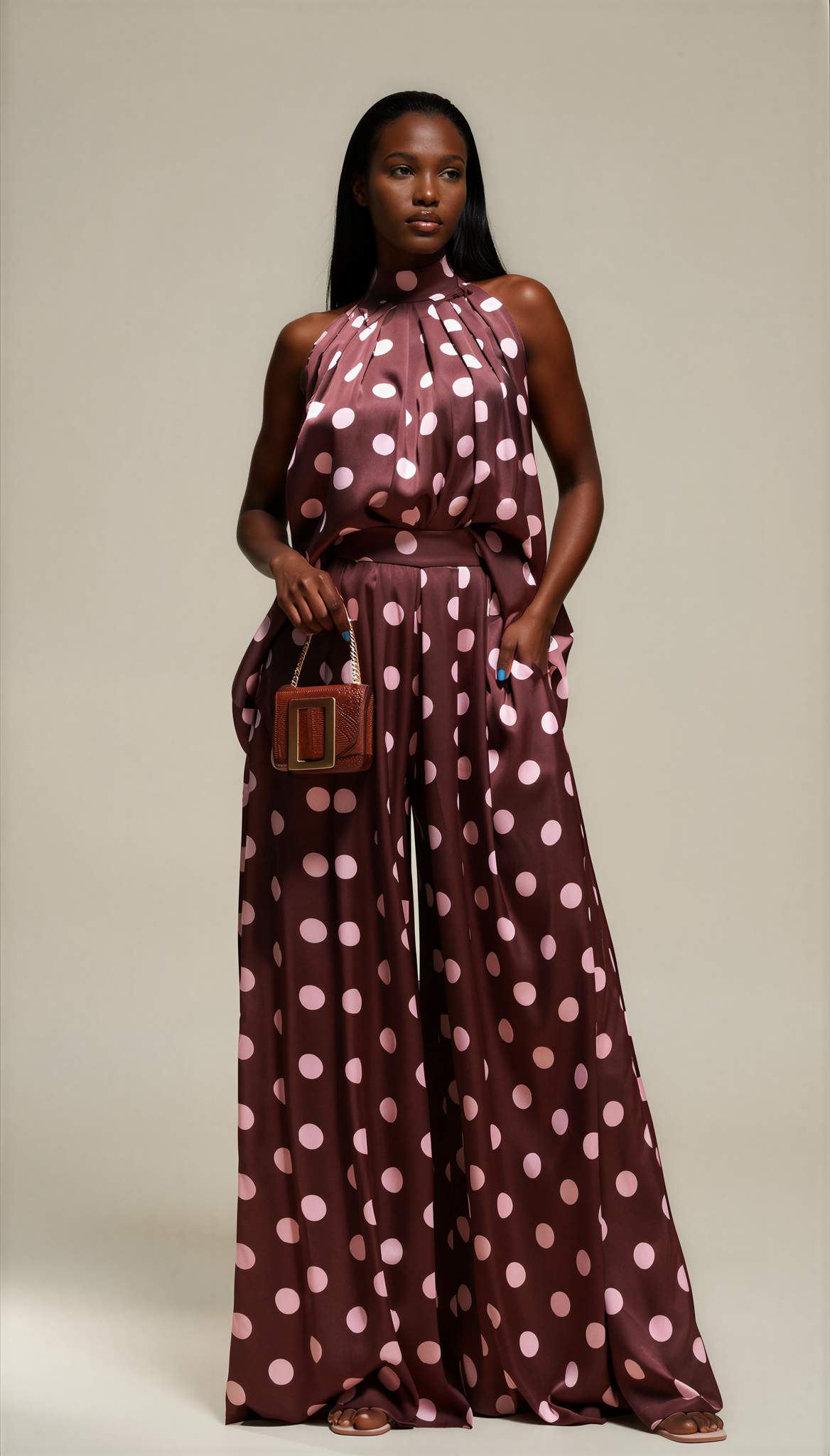 H3121 Chocolate Polka Dot Loose Fit Satin Trouser