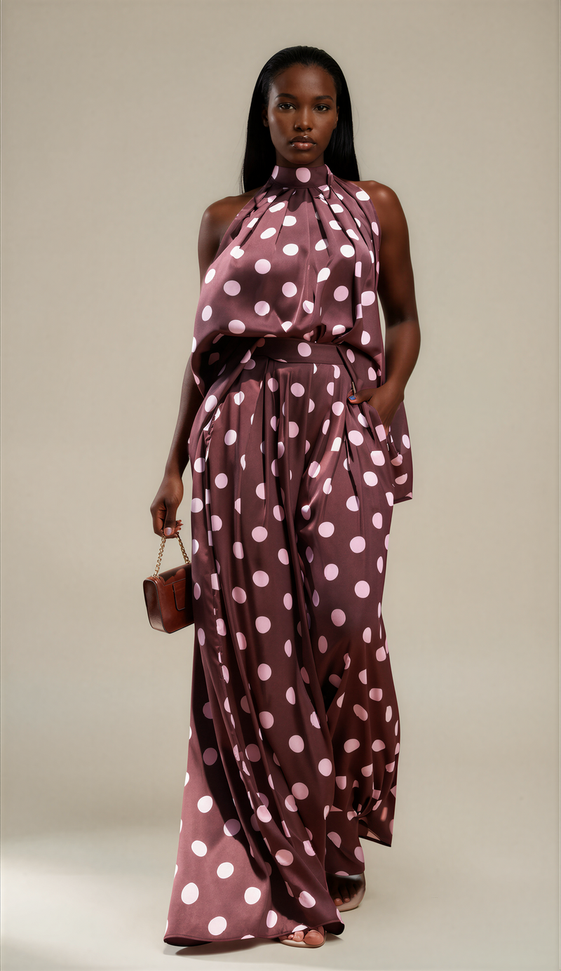 H3120 Chocolate Polka Dot Loose Fit Satin Top