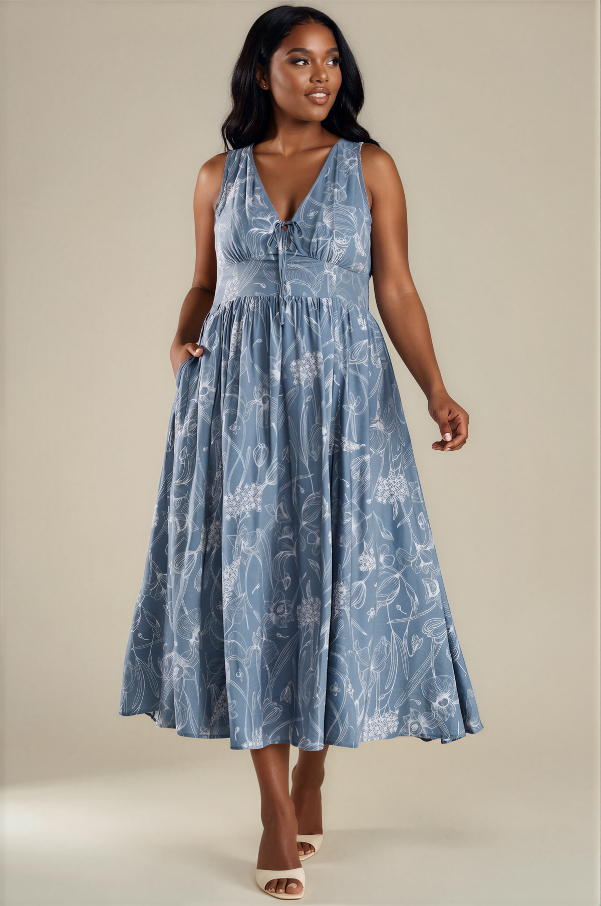 H3104 Floral Sleeveless V-neck Lace  Midi
