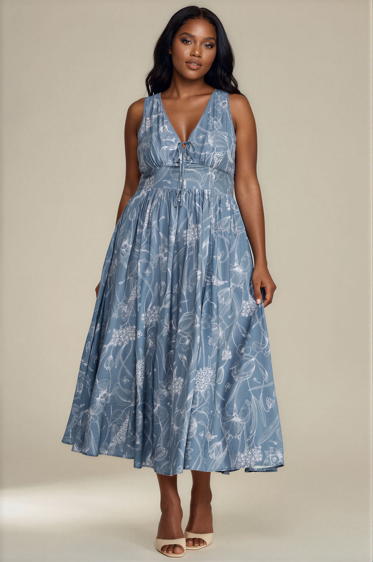 H3104 Floral Sleeveless V-neck Lace  Midi