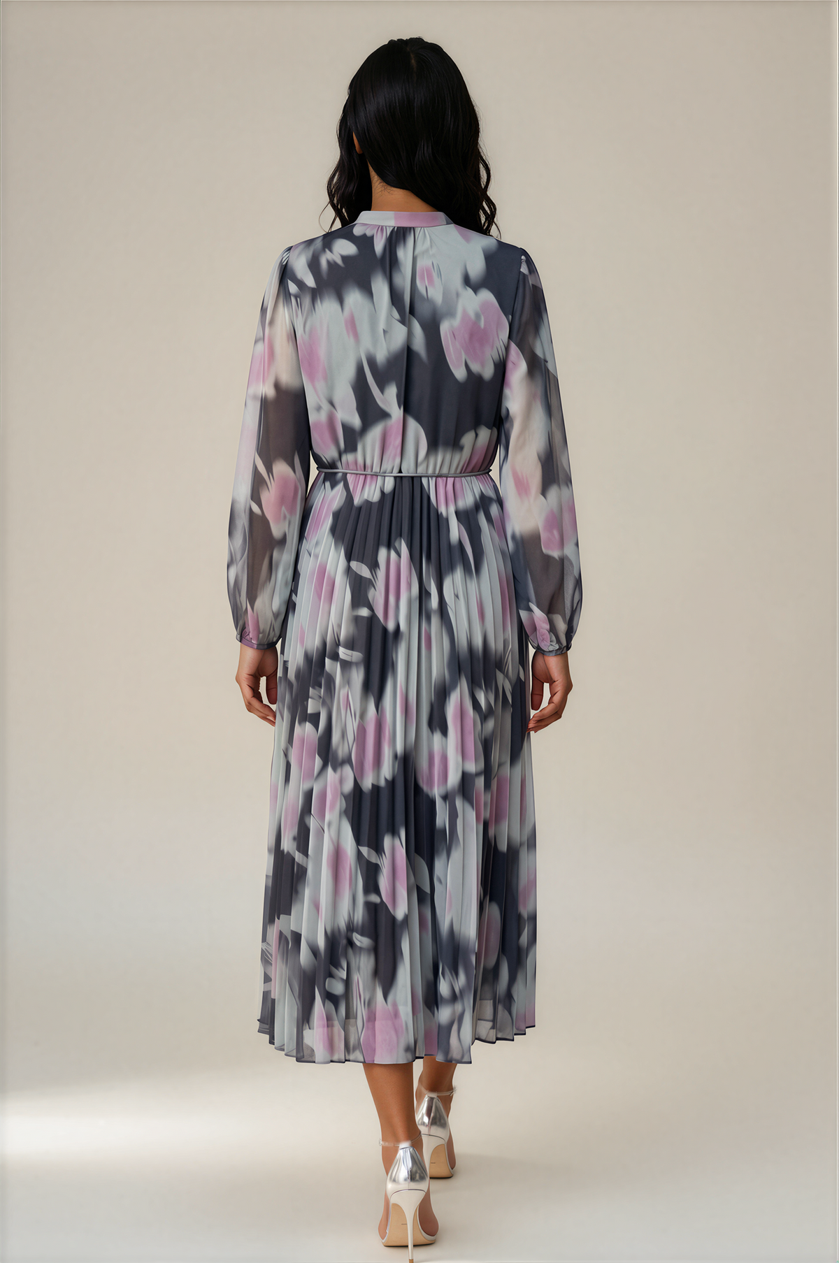 H3138 Grey & Pink Print Midi