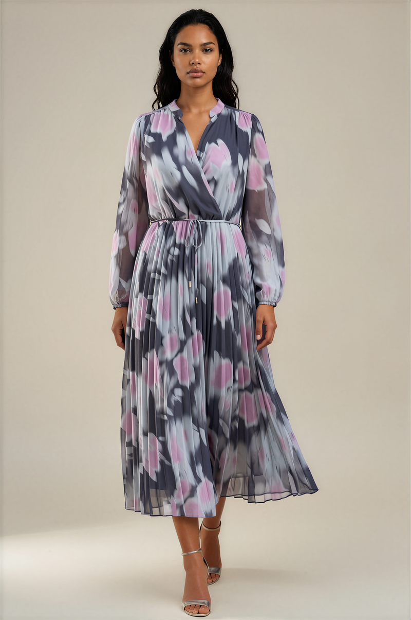 H3138 Grey & Pink Print Midi