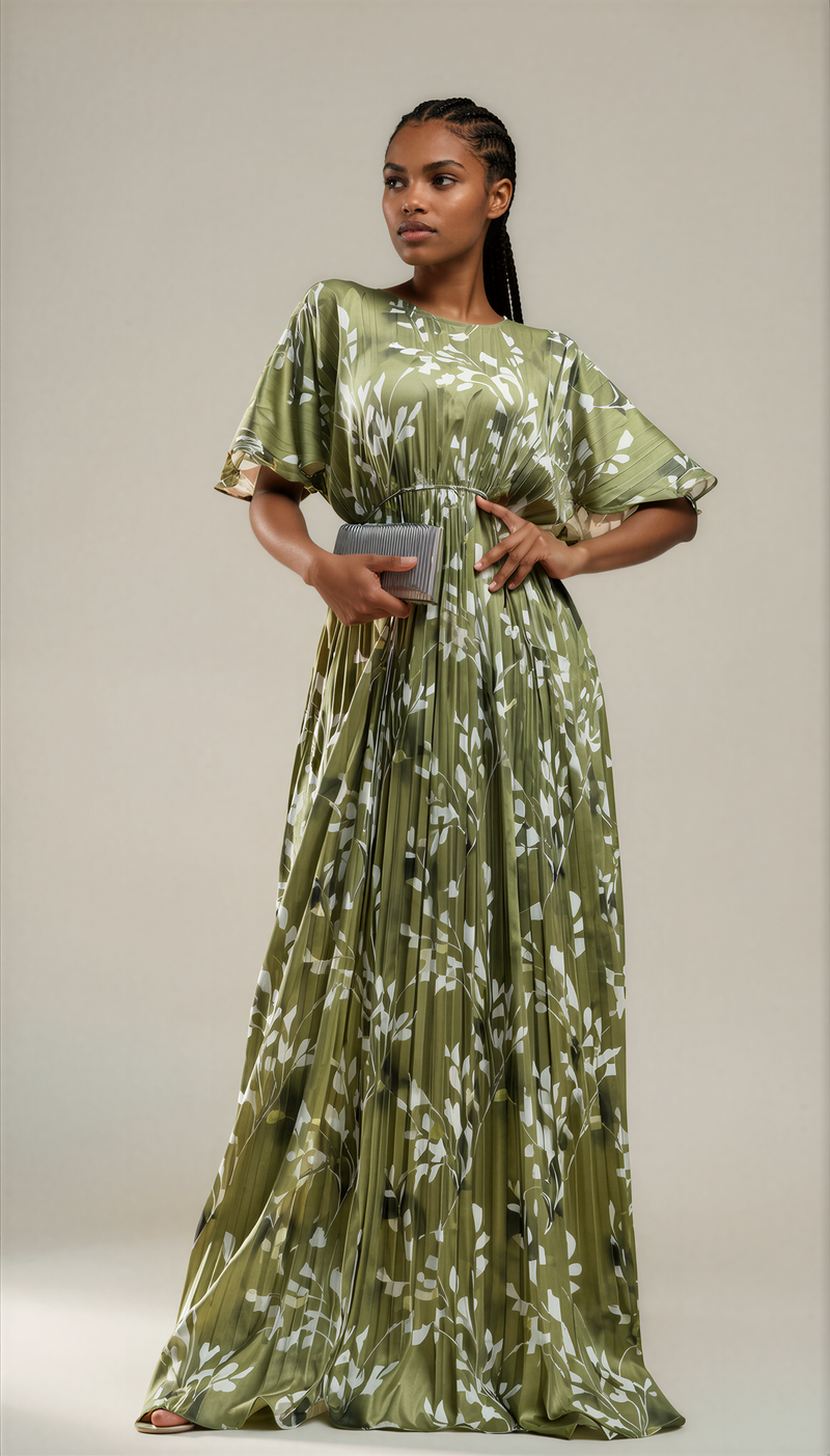 H3116 Leaf Print Pleated Satin Maxi Dress