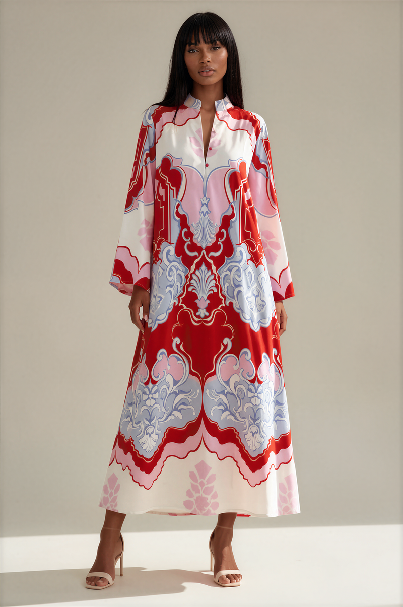 H3112 Printed Bell Sleeve Maxi Dress