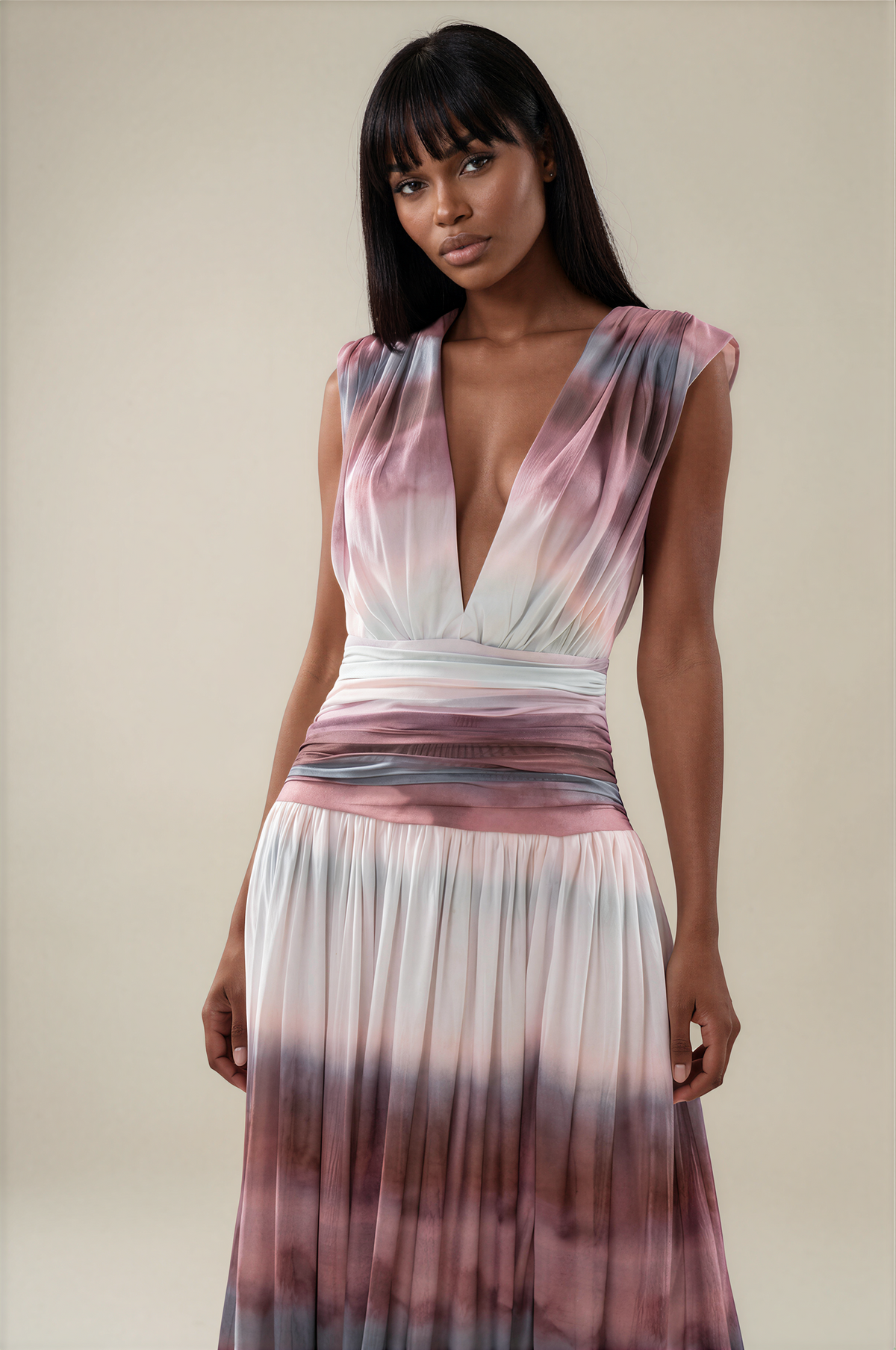 H3106 Burgundy Tie-dye Maxi Dress