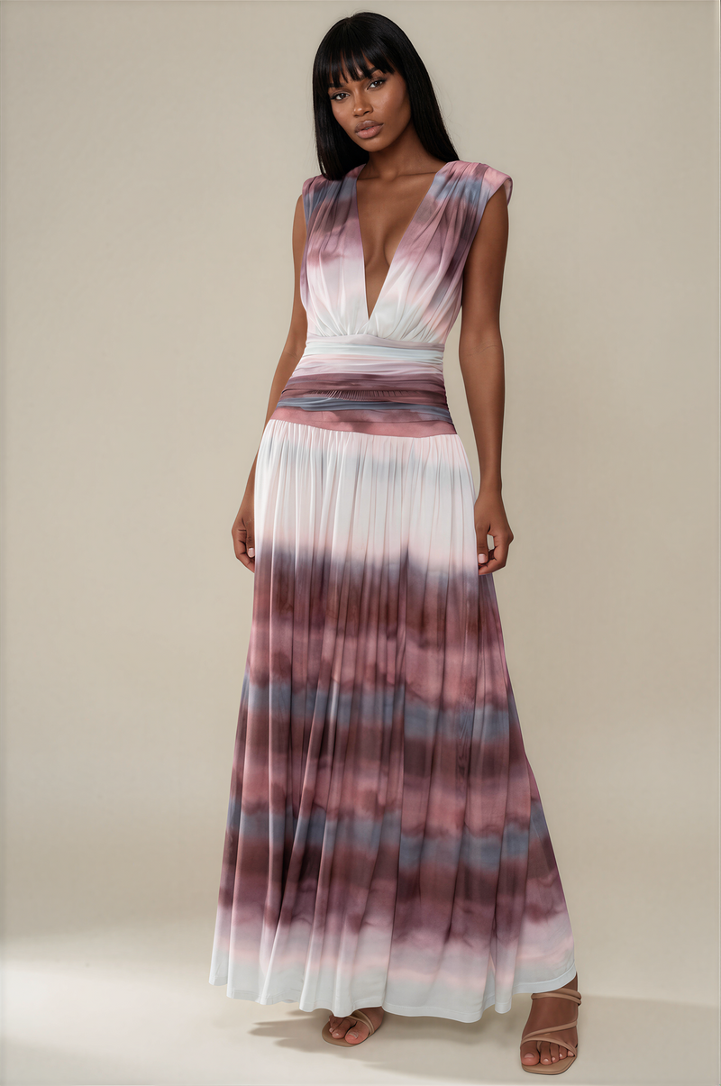 H3106 Burgundy Tie-dye Maxi Dress