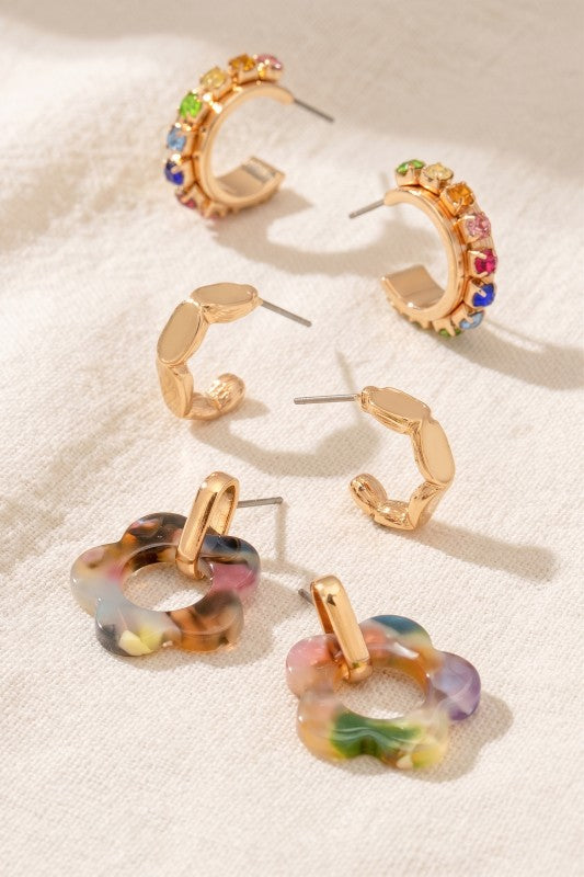 H3197 Flower Drop Trio Hoop Earrings Set