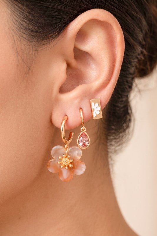 H3202 Acetate Flower Drop Trio Earrings Set