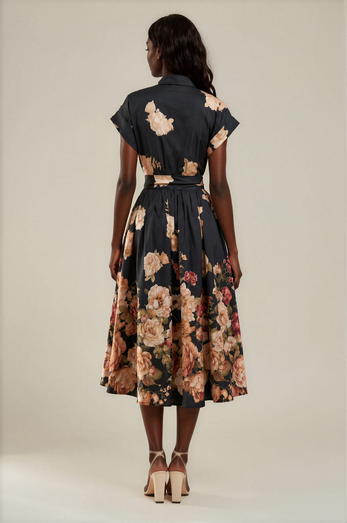 H3107 Black Floral Button-down Midi Dress