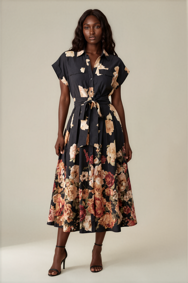 H3107 Black Floral Button-down Midi Dress