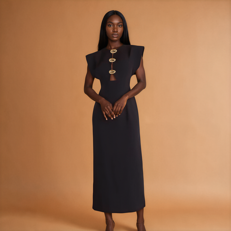 H2004 Black Midi Pointed Shoulder Dress