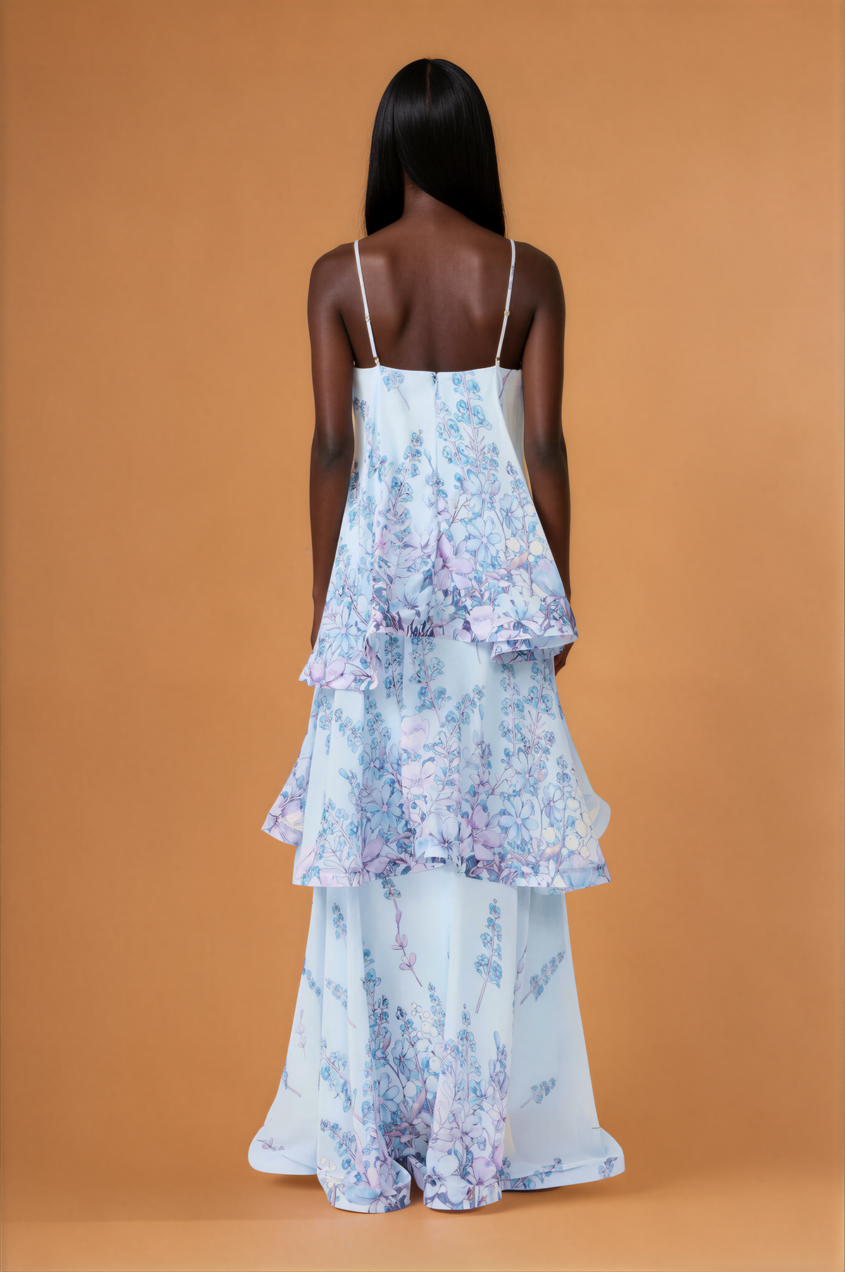 H2001 Blue Floral Frill Event Maxi