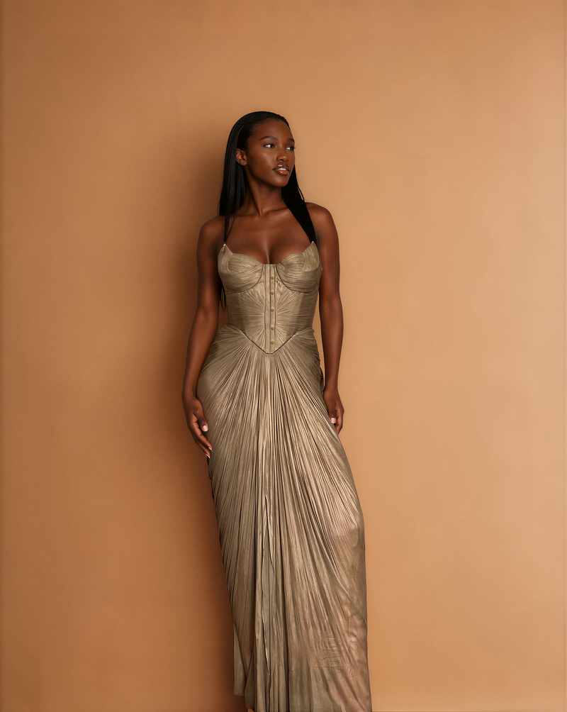 H2008 Gold Metallic Event Dress