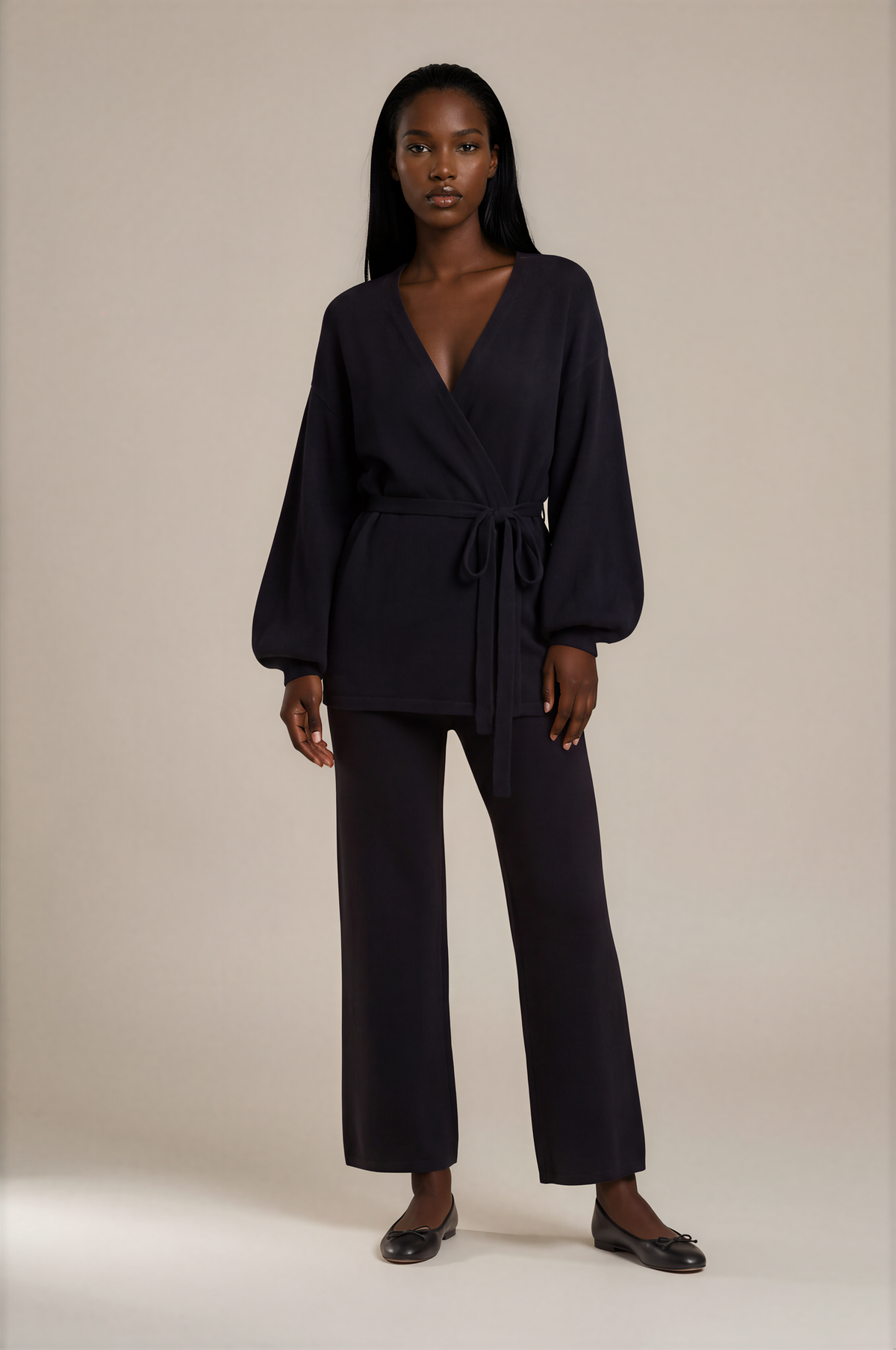 H3014 Black Sweater Balloon Sleeve Trouser