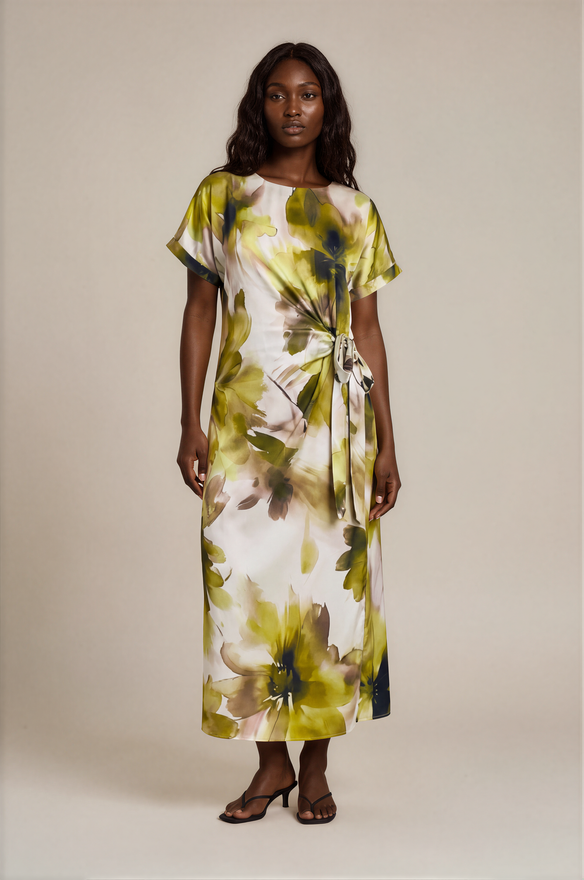 H3001 Green & Beige Floral Midi