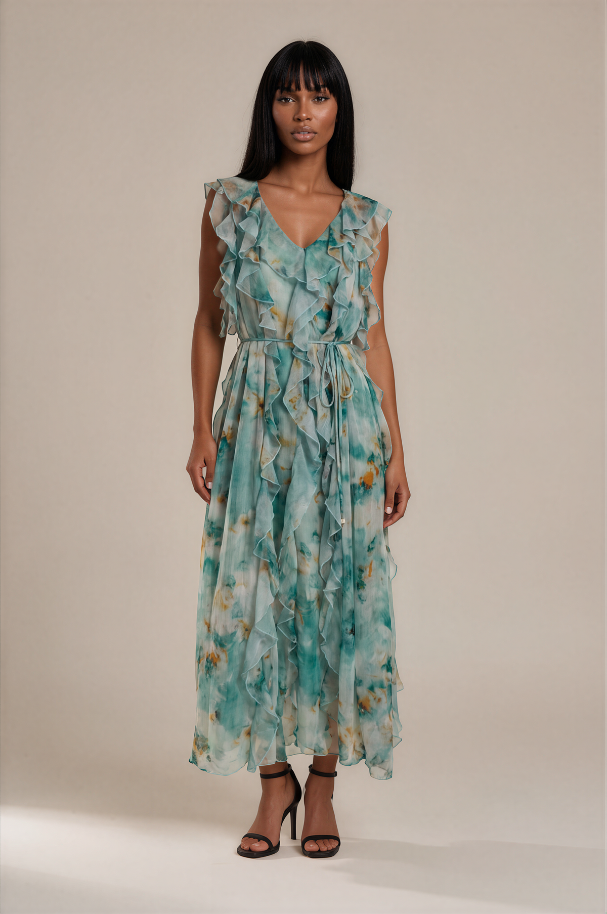 H3035 Green Printed Frill Chiffon Midi