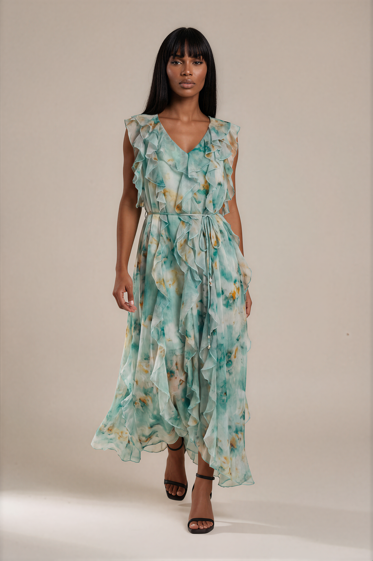 H3035 Green Printed Frill Chiffon Midi