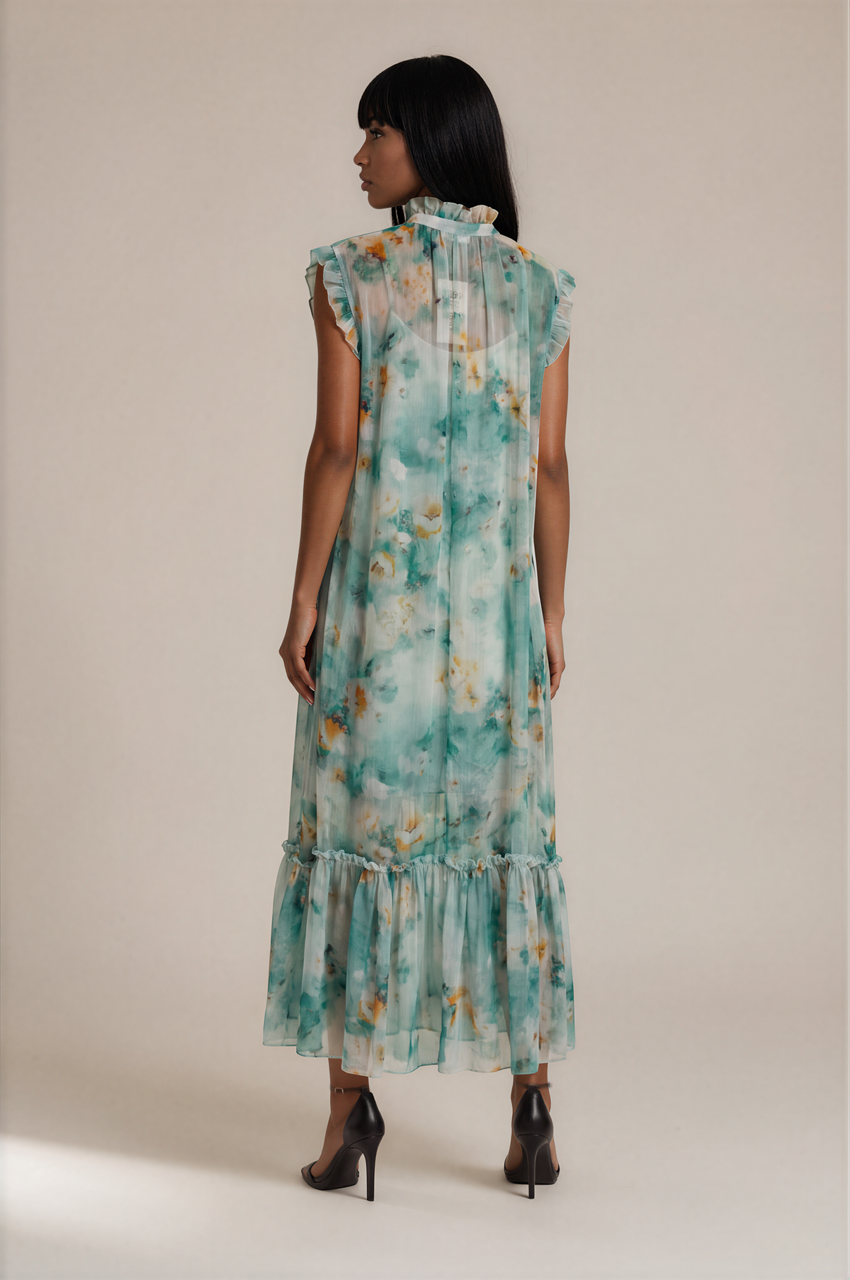 H3035 Green Printed Frill Chiffon Midi