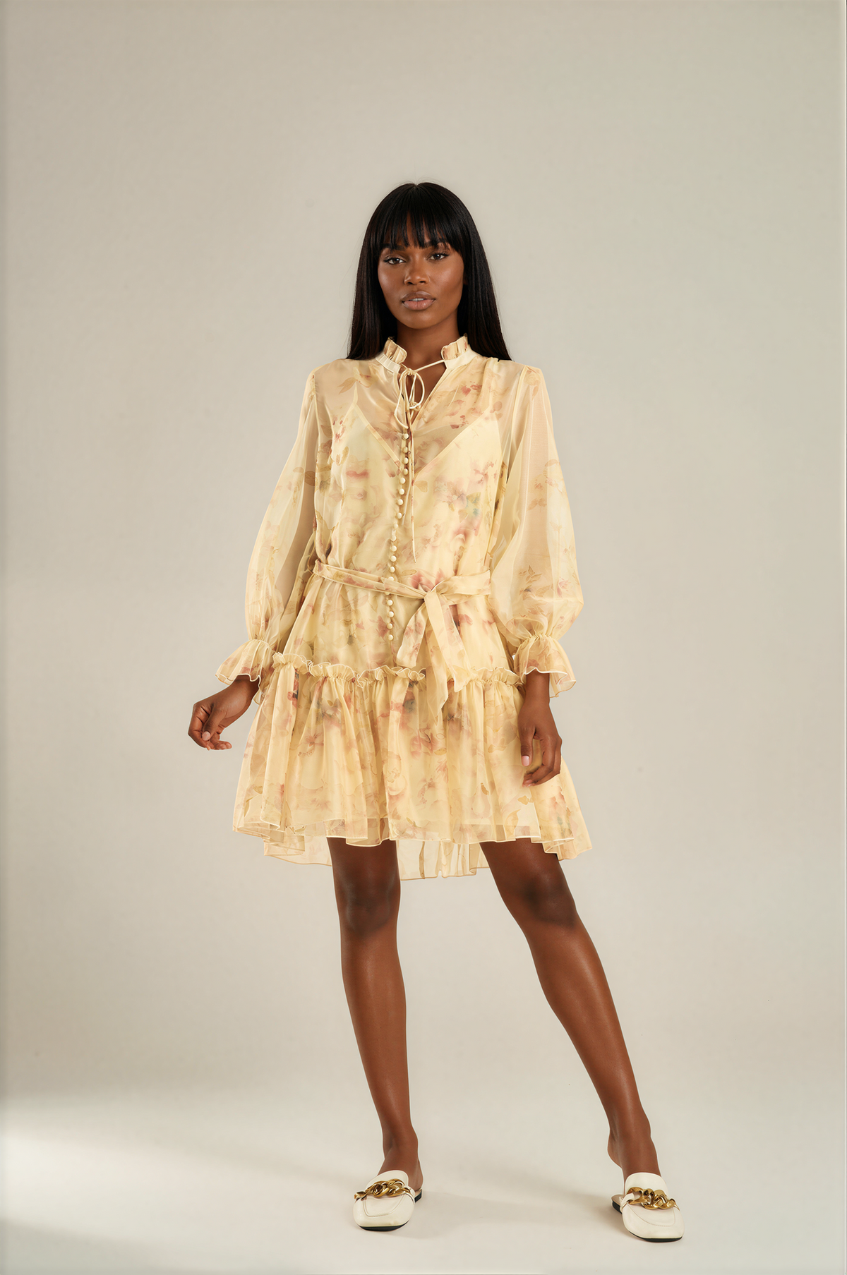 H3034 Yellow Floral Chiffon Mini