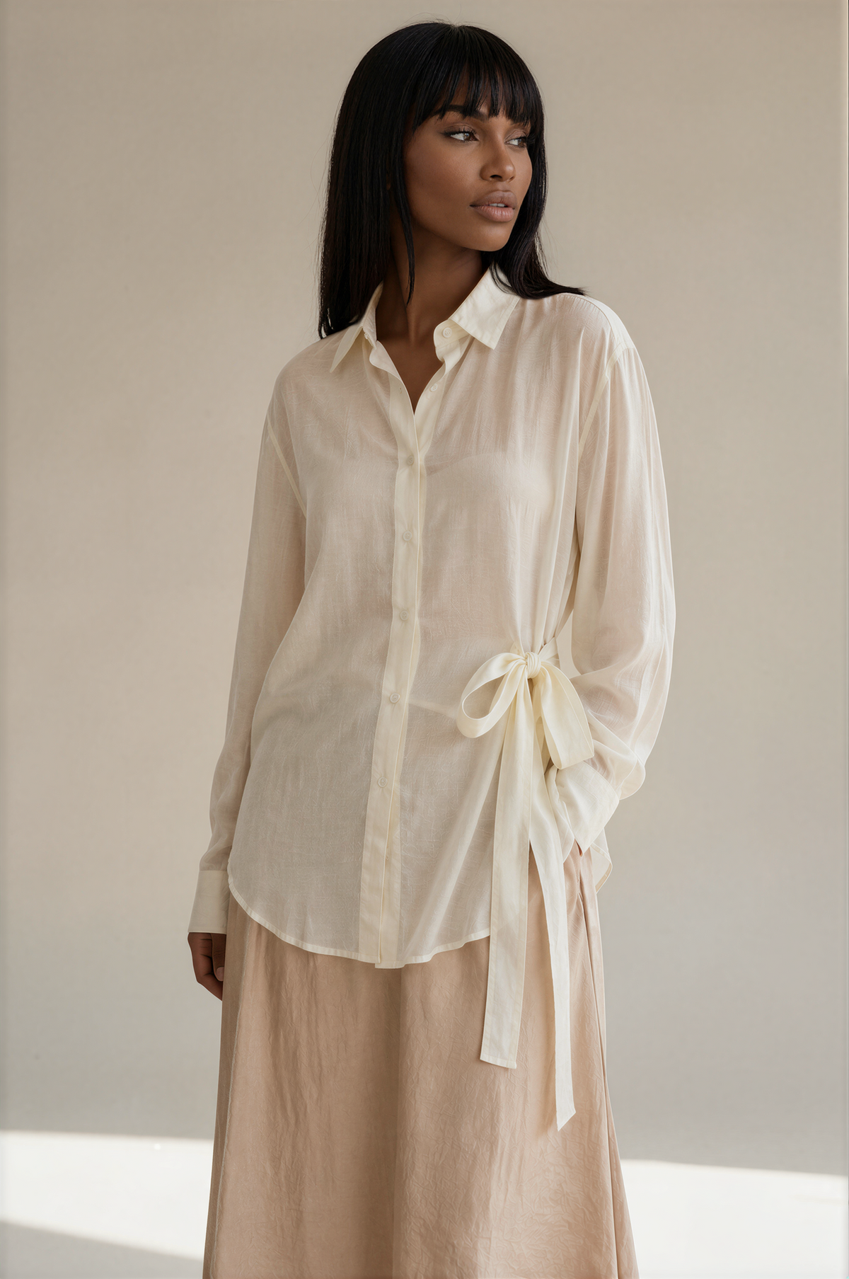 H3009 Cream Tie Detail Blouse