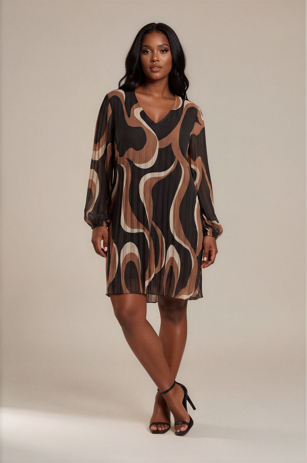 H3031 Brown Swirl Pleated Dress