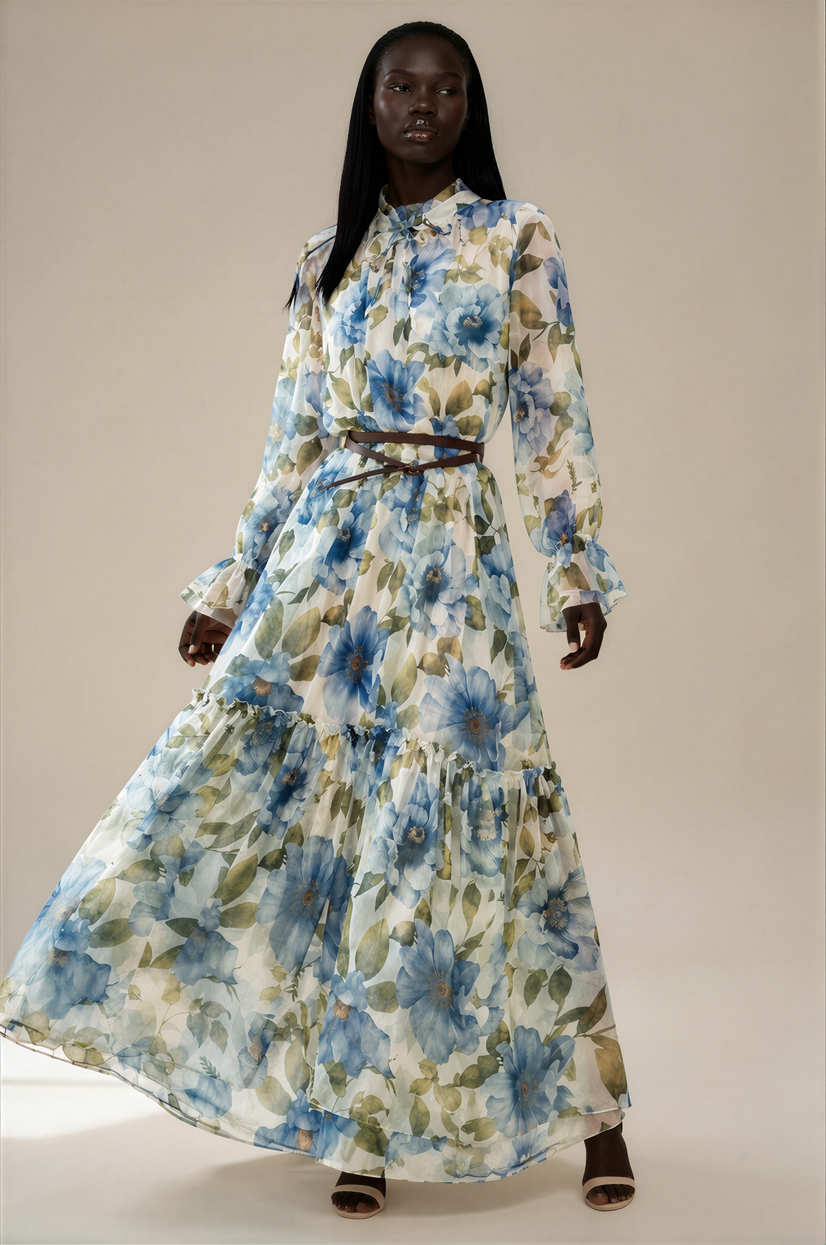 H3010 Blue Floral Chiffon Maxi