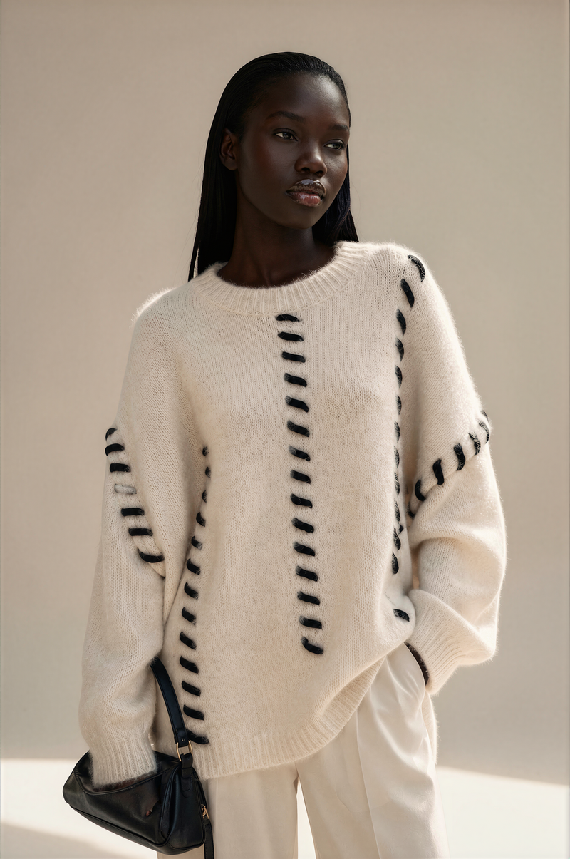 H3027 Cream Stitch Detail Sweater